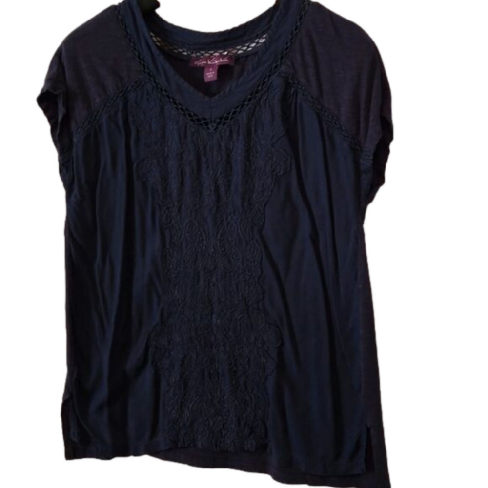 Gloria Vanderbilt Cool Gauze Top Midnight Blue Women's Small Embroidery Trim